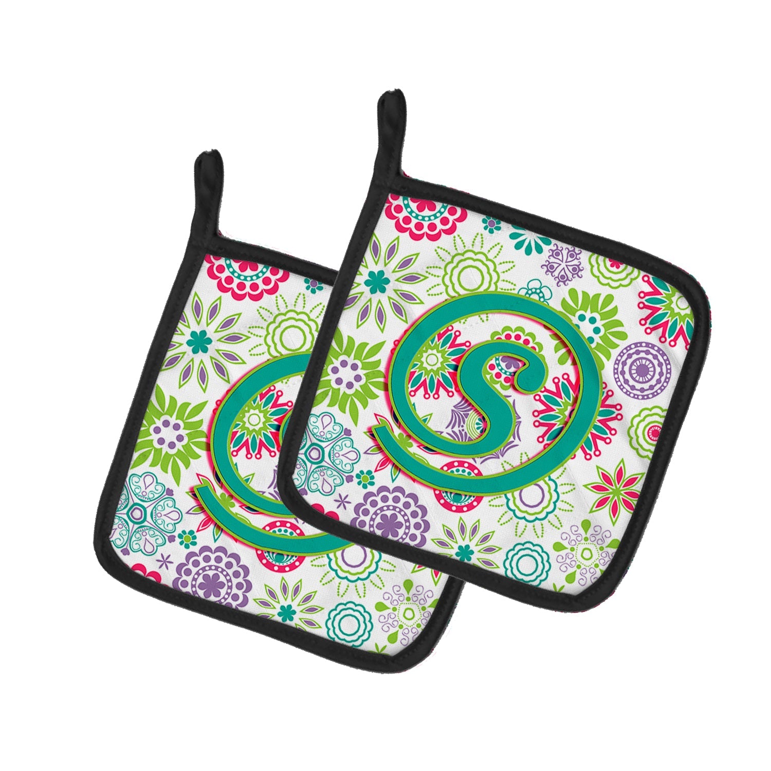 Letter S Flowers Pink Teal Green Initial Pot Holder Set of 2 Heat Resistant Quilted Hot Pads 7.5 x 7.5 Inch, Insulated Kitchen Trivets for Cooking & Baking