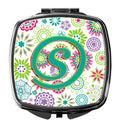 Letter S Flowers Pink Teal Green Initial Compact Mirror Decorative Travel Makeup Mirror for Women Girls Gifts Pocket Makeup Mirror Folding Handheld