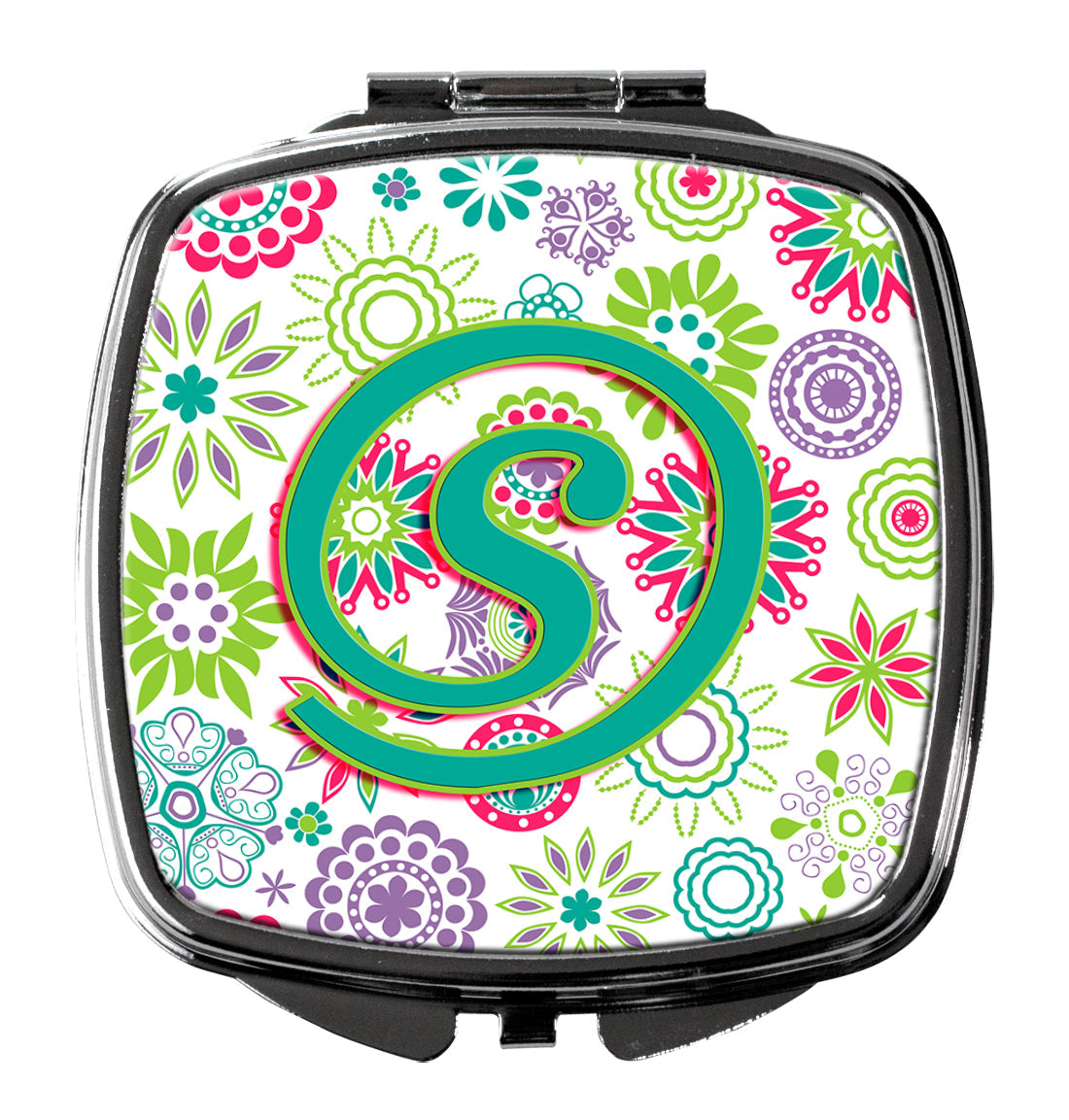 Letter S Flowers Pink Teal Green Initial Compact Mirror Decorative Travel Makeup Mirror for Women Girls Gifts Pocket Makeup Mirror Folding Handheld
