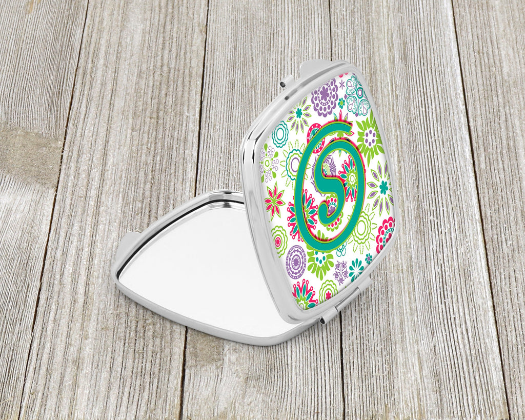 Letter S Flowers Pink Teal Green Initial Compact Mirror Decorative Travel Makeup Mirror for Women Girls Gifts Pocket Makeup Mirror Folding Handheld