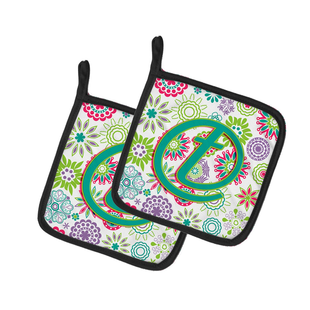 Letter T Flowers Pink Teal Green Initial Pot Holder Set of 2 Heat Resistant Quilted Hot Pads 7.5 x 7.5 Inch, Insulated Kitchen Trivets for Cooking & Baking