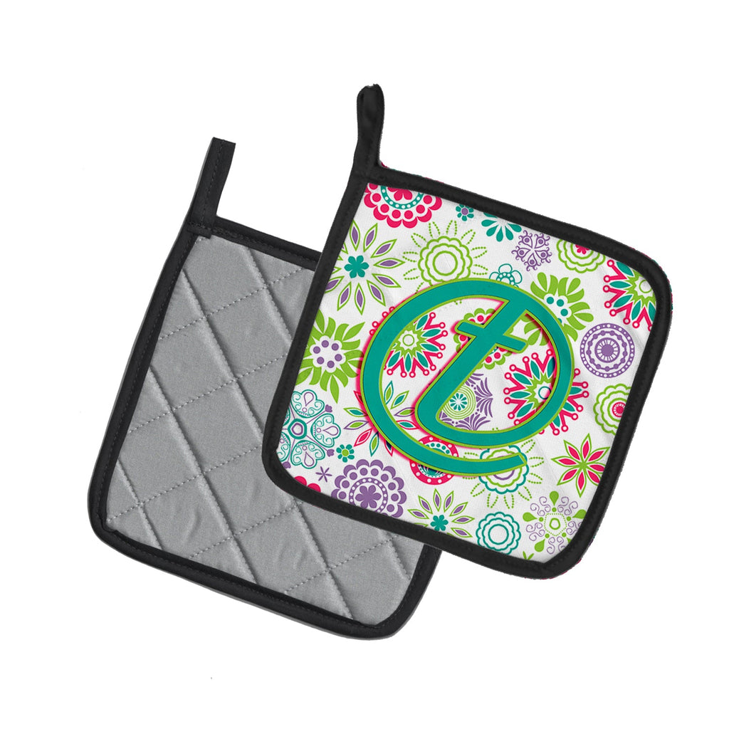 Letter T Flowers Pink Teal Green Initial Pot Holder Set of 2 Heat Resistant Quilted Hot Pads 7.5 x 7.5 Inch, Insulated Kitchen Trivets for Cooking & Baking