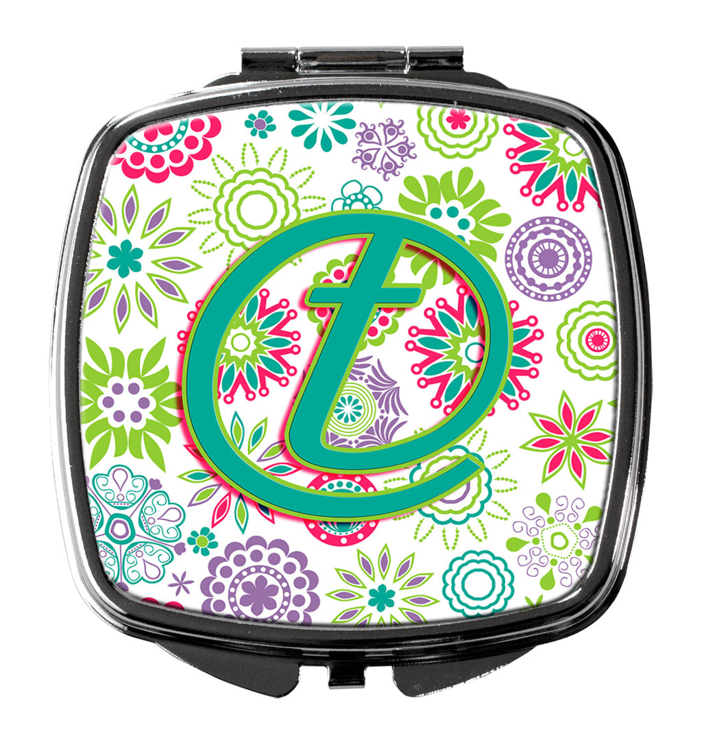 Letter T Flowers Pink Teal Green Initial Compact Mirror Decorative Travel Makeup Mirror for Women Girls Gifts Pocket Makeup Mirror Folding Handheld