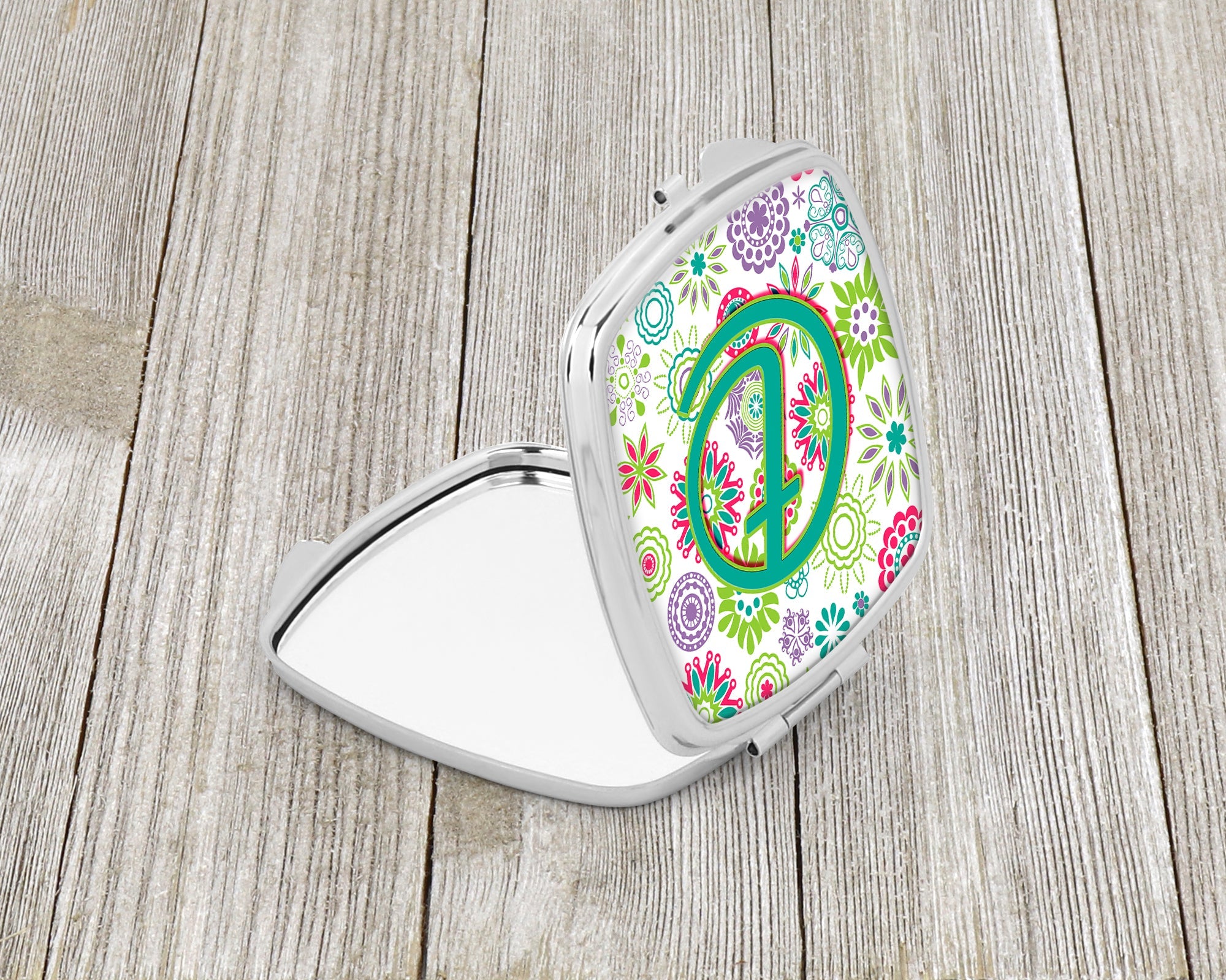 Letter T Flowers Pink Teal Green Initial Compact Mirror Decorative Travel Makeup Mirror for Women Girls Gifts Pocket Makeup Mirror Folding Handheld