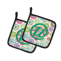 Letter U Flowers Pink Teal Green Initial Pot Holder Set of 2 Heat Resistant Quilted Hot Pads 7.5 x 7.5 Inch, Insulated Kitchen Trivets for Cooking & Baking