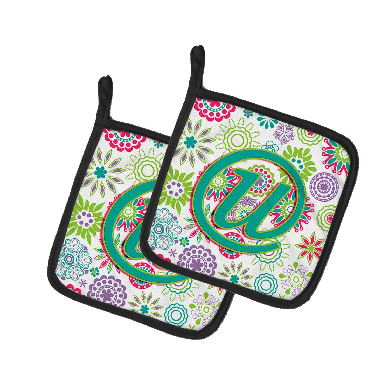 Letter U Flowers Pink Teal Green Initial Pot Holder Set of 2 Heat Resistant Quilted Hot Pads 7.5 x 7.5 Inch, Insulated Kitchen Trivets for Cooking & Baking