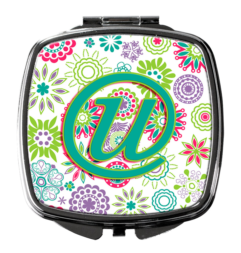 Letter U Flowers Pink Teal Green Initial Compact Mirror Decorative Travel Makeup Mirror for Women Girls Gifts Pocket Makeup Mirror Folding Handheld