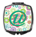 Letter U Flowers Pink Teal Green Initial Compact Mirror Decorative Travel Makeup Mirror for Women Girls Gifts Pocket Makeup Mirror Folding Handheld