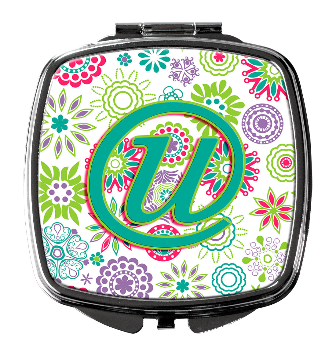 Letter U Flowers Pink Teal Green Initial Compact Mirror Decorative Travel Makeup Mirror for Women Girls Gifts Pocket Makeup Mirror Folding Handheld