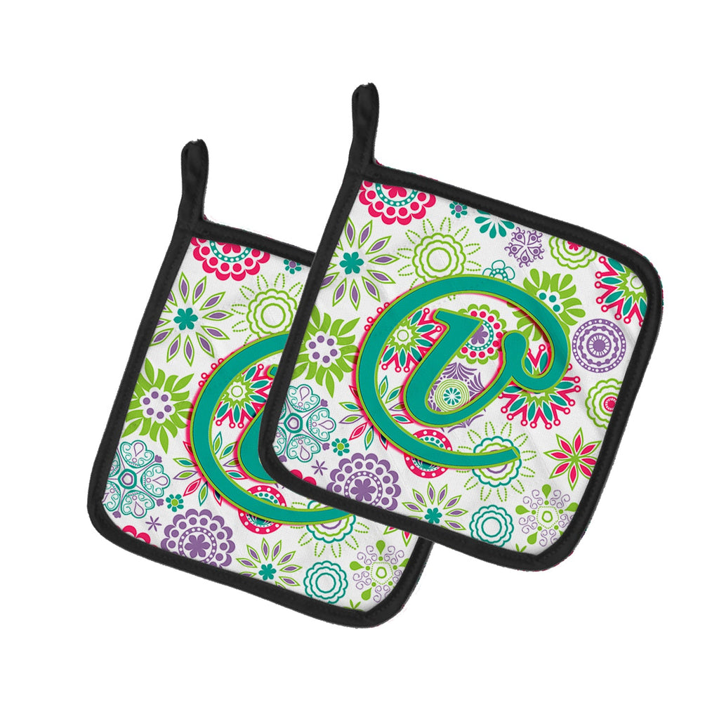 Letter V Flowers Pink Teal Green Initial Pot Holder Set of 2 Heat Resistant Quilted Hot Pads 7.5 x 7.5 Inch, Insulated Kitchen Trivets for Cooking & Baking
