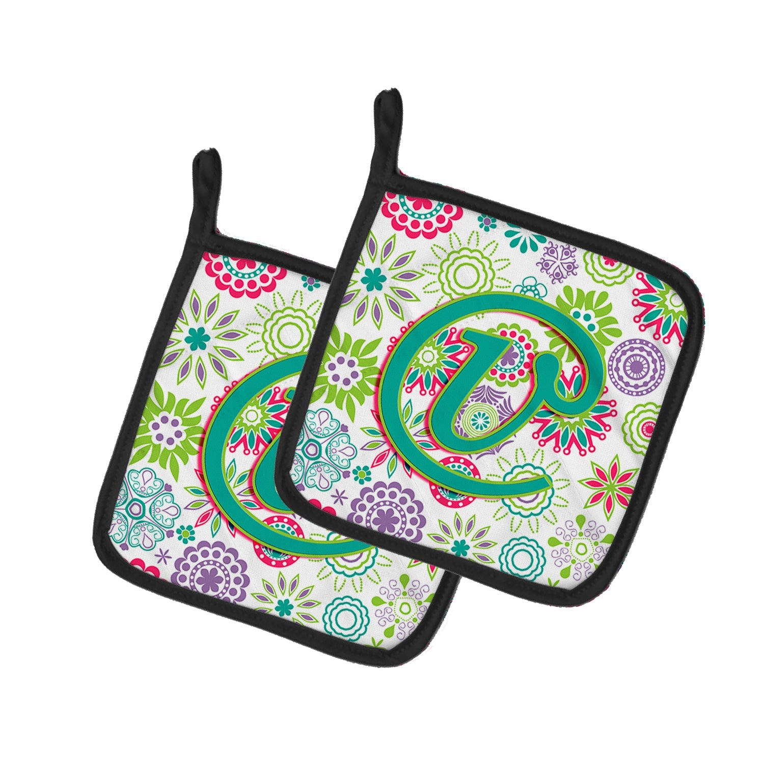 Letter V Flowers Pink Teal Green Initial Pot Holder Set of 2 Heat Resistant Quilted Hot Pads 7.5 x 7.5 Inch, Insulated Kitchen Trivets for Cooking & Baking