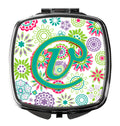 Letter V Flowers Pink Teal Green Initial Compact Mirror Decorative Travel Makeup Mirror for Women Girls Gifts Pocket Makeup Mirror Folding Handheld