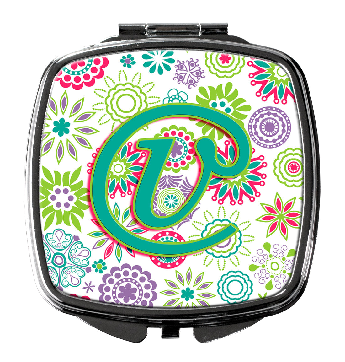 Letter V Flowers Pink Teal Green Initial Compact Mirror Decorative Travel Makeup Mirror for Women Girls Gifts Pocket Makeup Mirror Folding Handheld