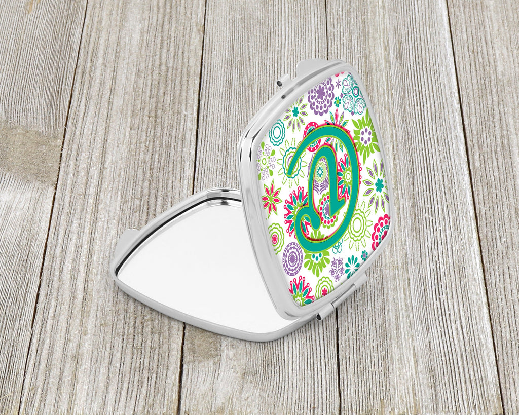 Letter V Flowers Pink Teal Green Initial Compact Mirror Decorative Travel Makeup Mirror for Women Girls Gifts Pocket Makeup Mirror Folding Handheld