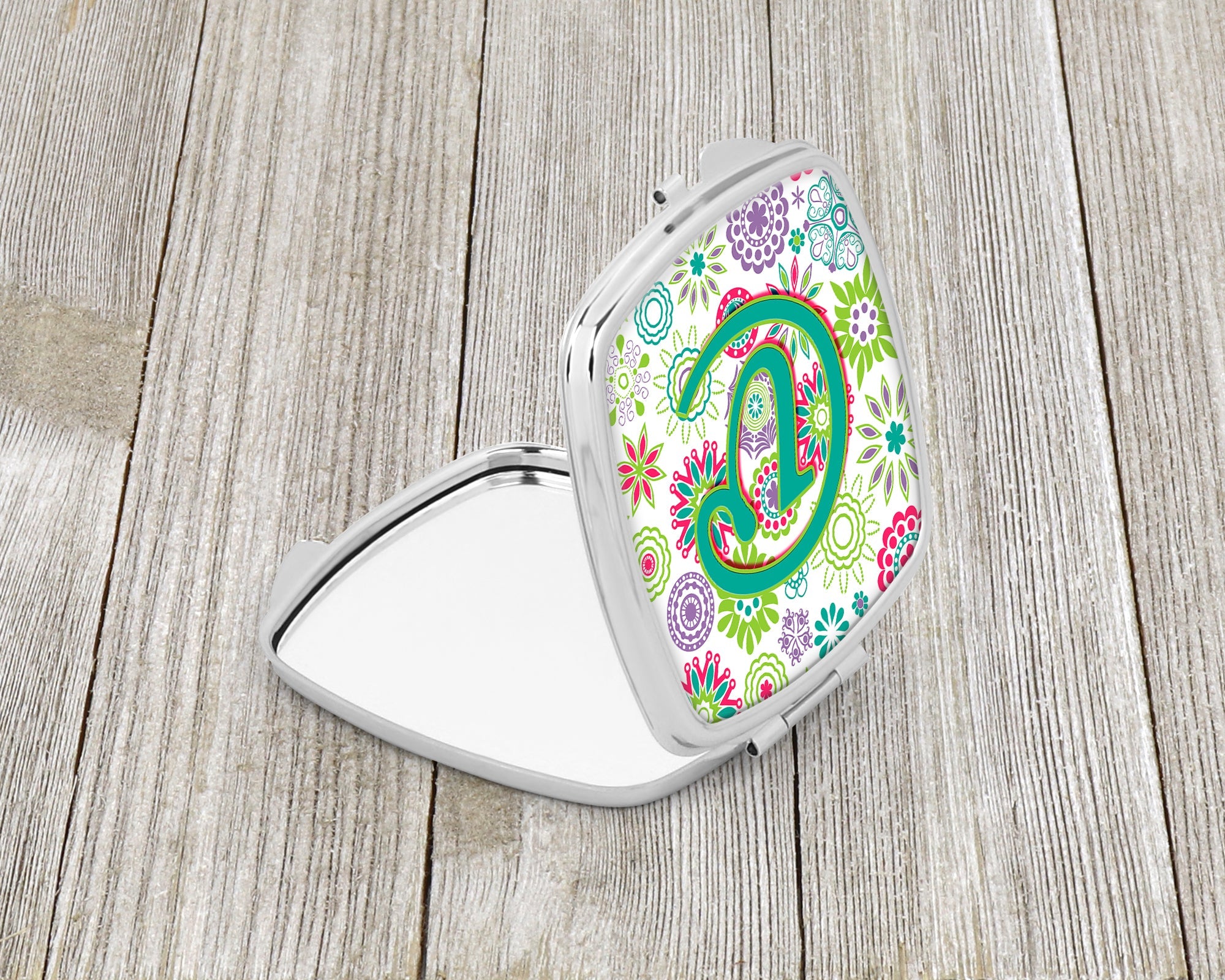Letter V Flowers Pink Teal Green Initial Compact Mirror Decorative Travel Makeup Mirror for Women Girls Gifts Pocket Makeup Mirror Folding Handheld