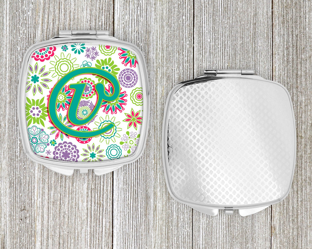 Letter V Flowers Pink Teal Green Initial Compact Mirror Decorative Travel Makeup Mirror for Women Girls Gifts Pocket Makeup Mirror Folding Handheld