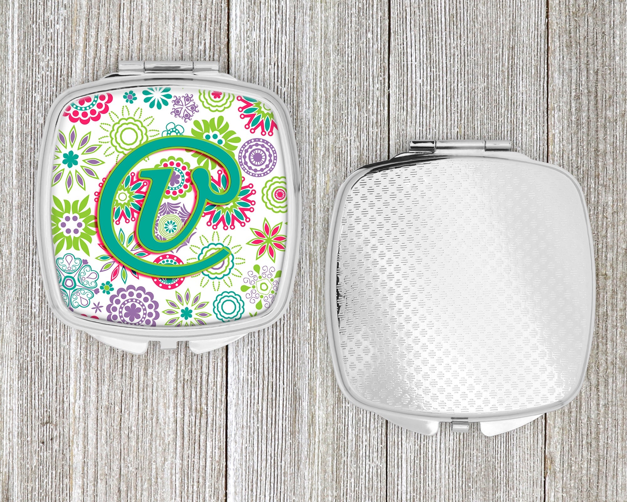 Letter V Flowers Pink Teal Green Initial Compact Mirror Decorative Travel Makeup Mirror for Women Girls Gifts Pocket Makeup Mirror Folding Handheld