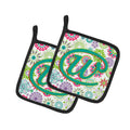 Letter W Flowers Pink Teal Green Initial Pot Holder Set of 2 Heat Resistant Quilted Hot Pads 7.5 x 7.5 Inch, Insulated Kitchen Trivets for Cooking & Baking
