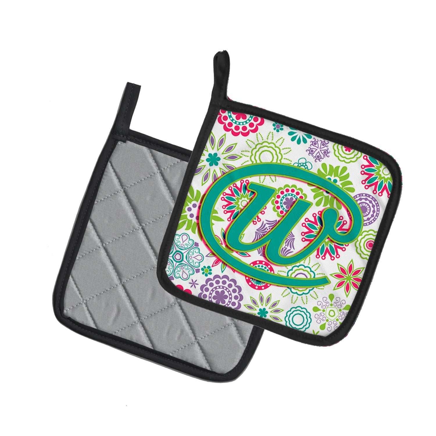 Letter W Flowers Pink Teal Green Initial Pot Holder Set of 2 Heat Resistant Quilted Hot Pads 7.5 x 7.5 Inch, Insulated Kitchen Trivets for Cooking & Baking