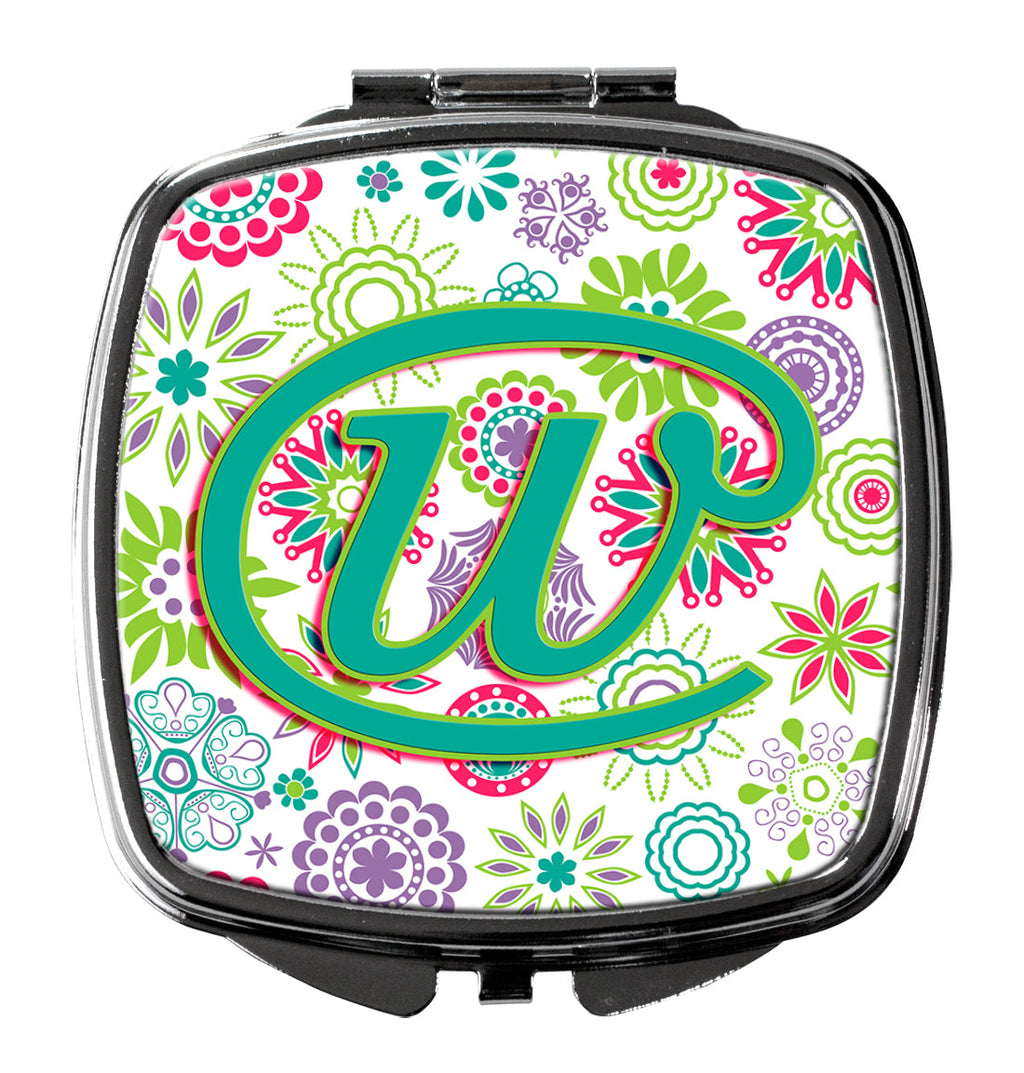 Letter W Flowers Pink Teal Green Initial Compact Mirror Decorative Travel Makeup Mirror for Women Girls Gifts Pocket Makeup Mirror Folding Handheld