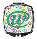 Letter W Flowers Pink Teal Green Initial Compact Mirror Decorative Travel Makeup Mirror for Women Girls Gifts Pocket Makeup Mirror Folding Handheld