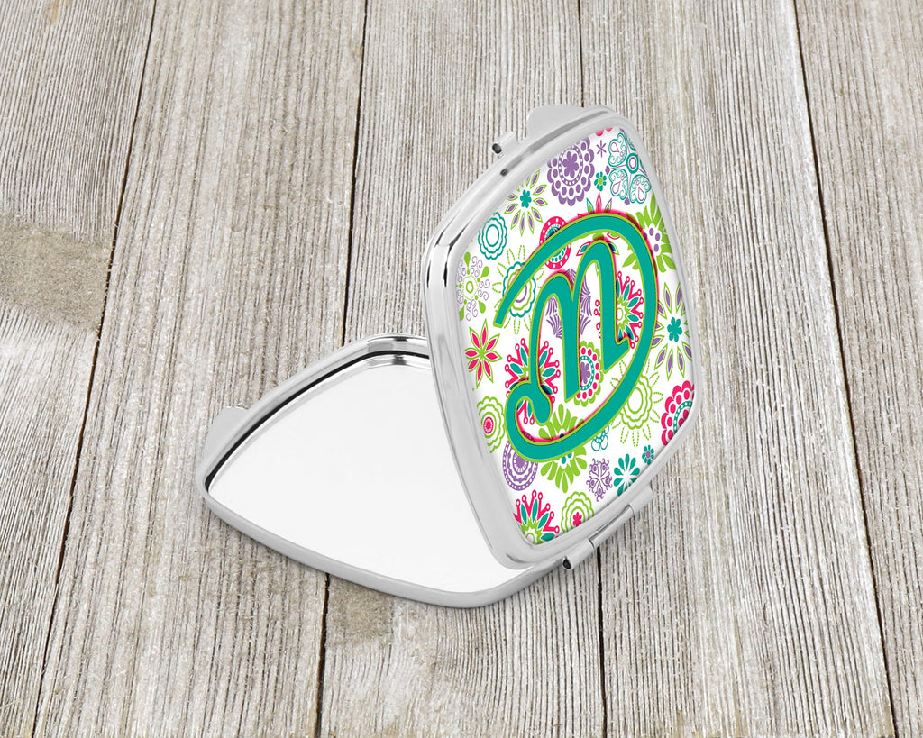 Letter W Flowers Pink Teal Green Initial Compact Mirror Decorative Travel Makeup Mirror for Women Girls Gifts Pocket Makeup Mirror Folding Handheld