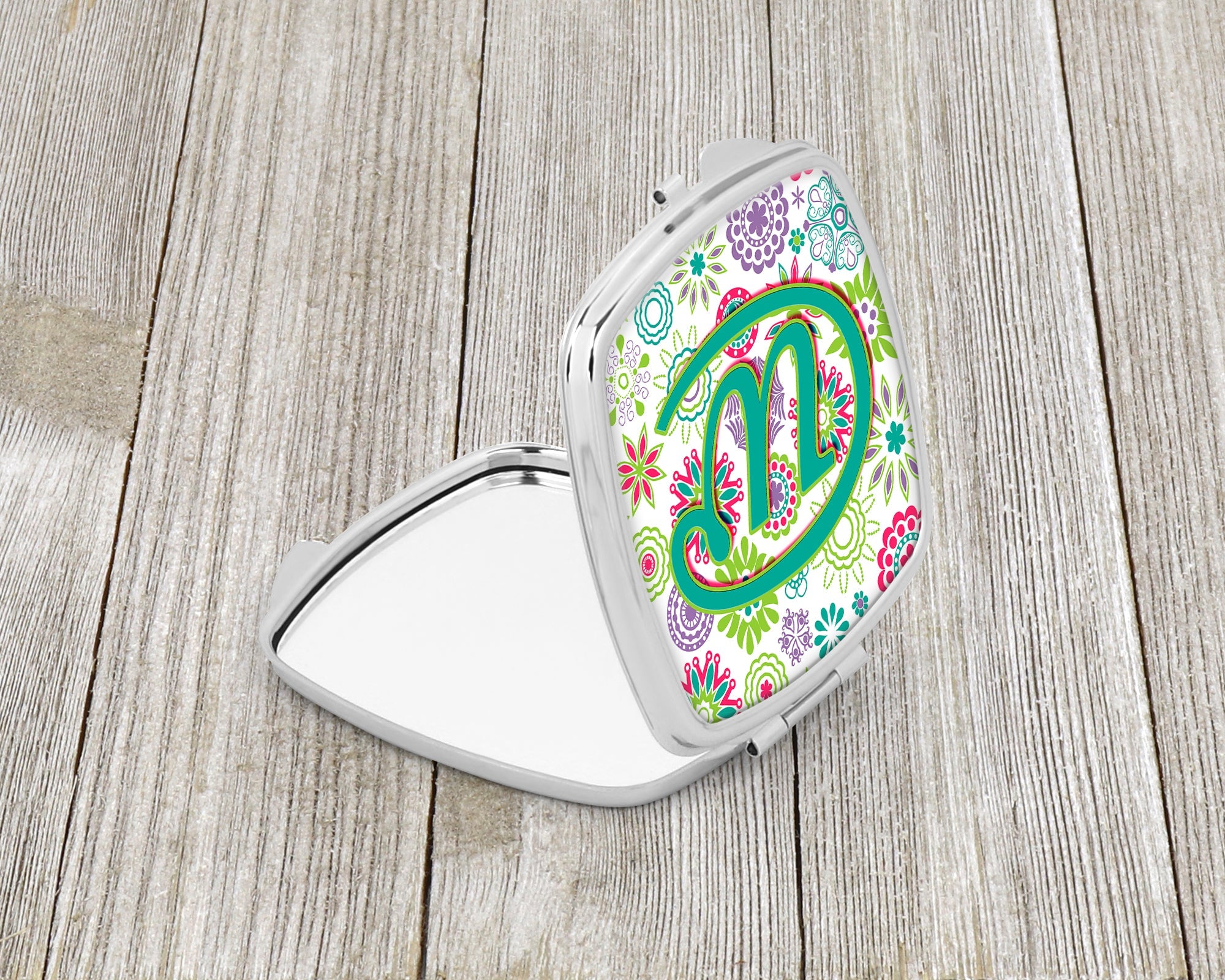 Letter W Flowers Pink Teal Green Initial Compact Mirror Decorative Travel Makeup Mirror for Women Girls Gifts Pocket Makeup Mirror Folding Handheld