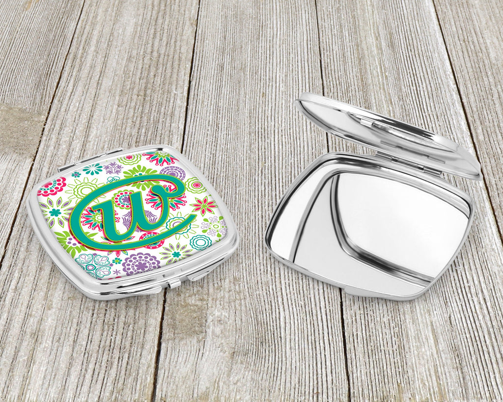 Letter W Flowers Pink Teal Green Initial Compact Mirror Decorative Travel Makeup Mirror for Women Girls Gifts Pocket Makeup Mirror Folding Handheld