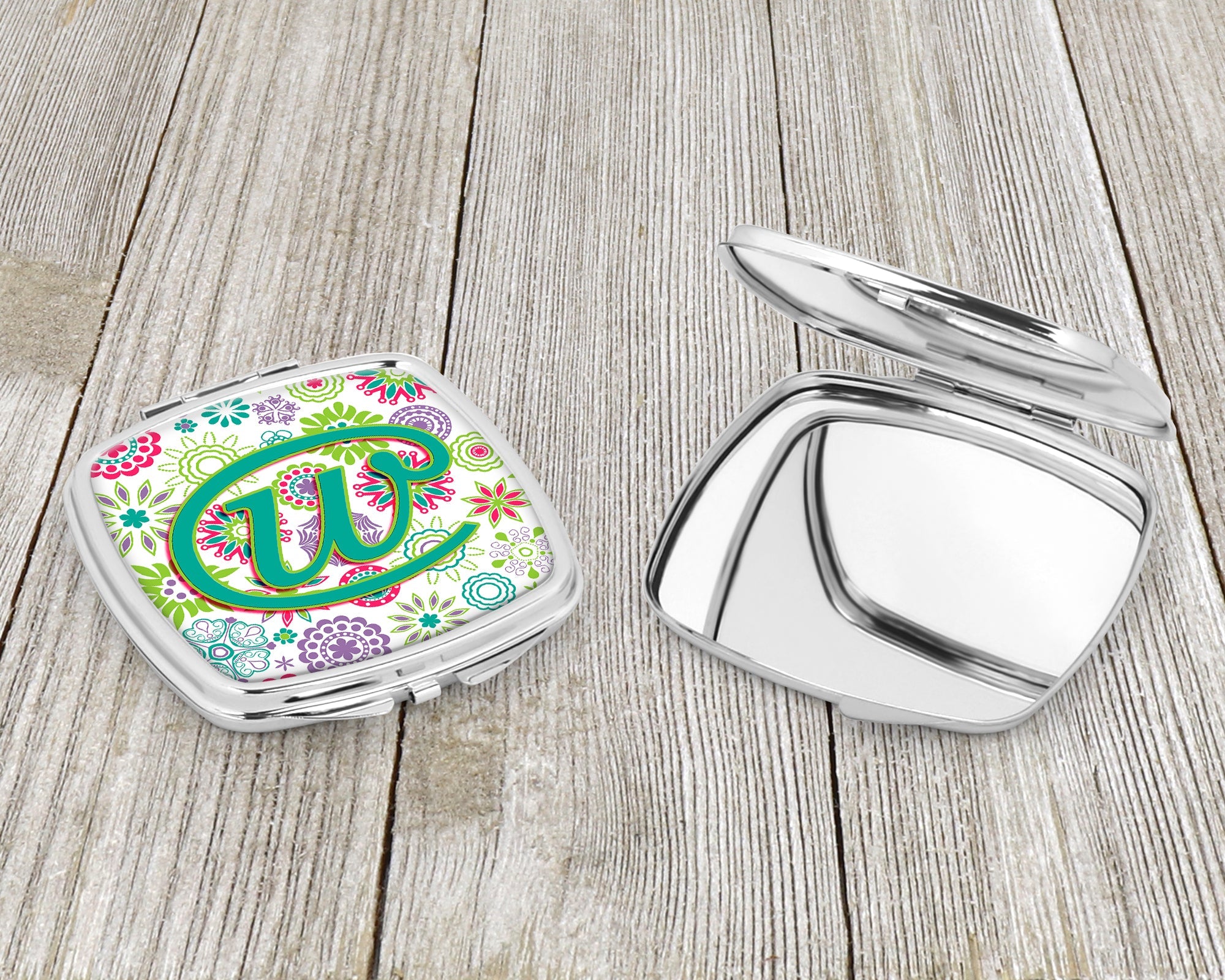 Letter W Flowers Pink Teal Green Initial Compact Mirror Decorative Travel Makeup Mirror for Women Girls Gifts Pocket Makeup Mirror Folding Handheld