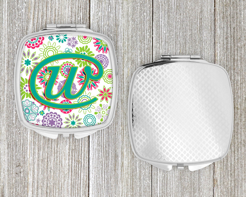 Letter W Flowers Pink Teal Green Initial Compact Mirror Decorative Travel Makeup Mirror for Women Girls Gifts Pocket Makeup Mirror Folding Handheld