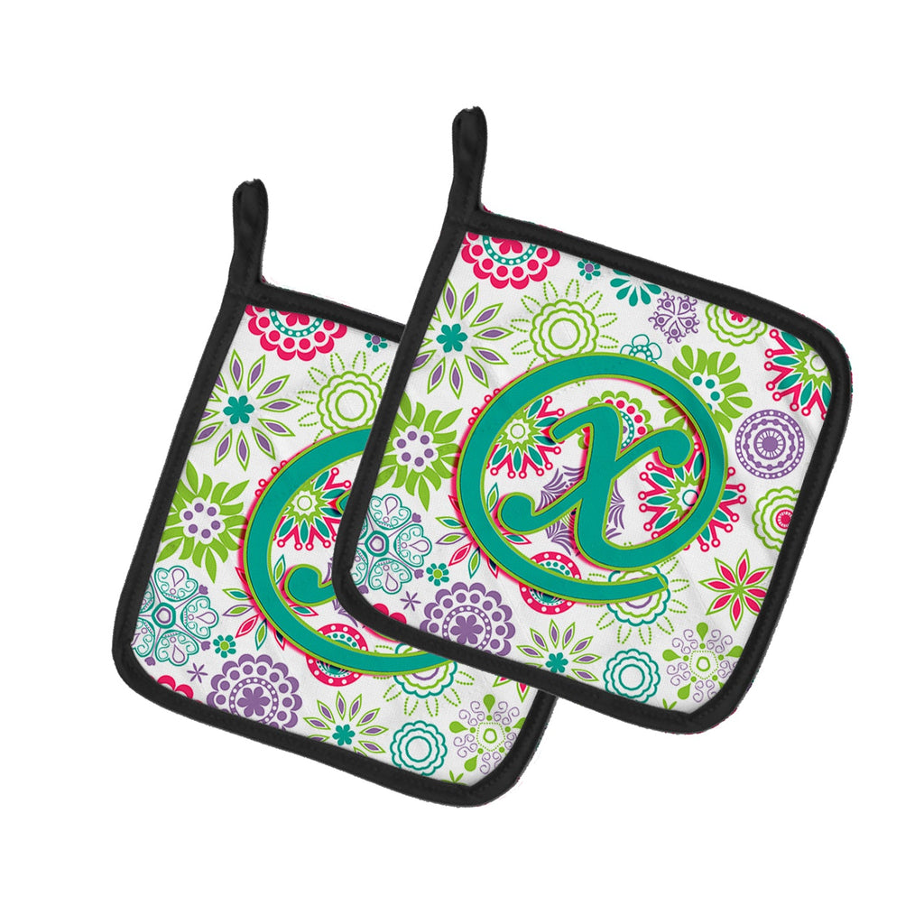 Letter X Flowers Pink Teal Green Initial Pot Holder Set of 2 Heat Resistant Quilted Hot Pads 7.5 x 7.5 Inch, Insulated Kitchen Trivets for Cooking & Baking