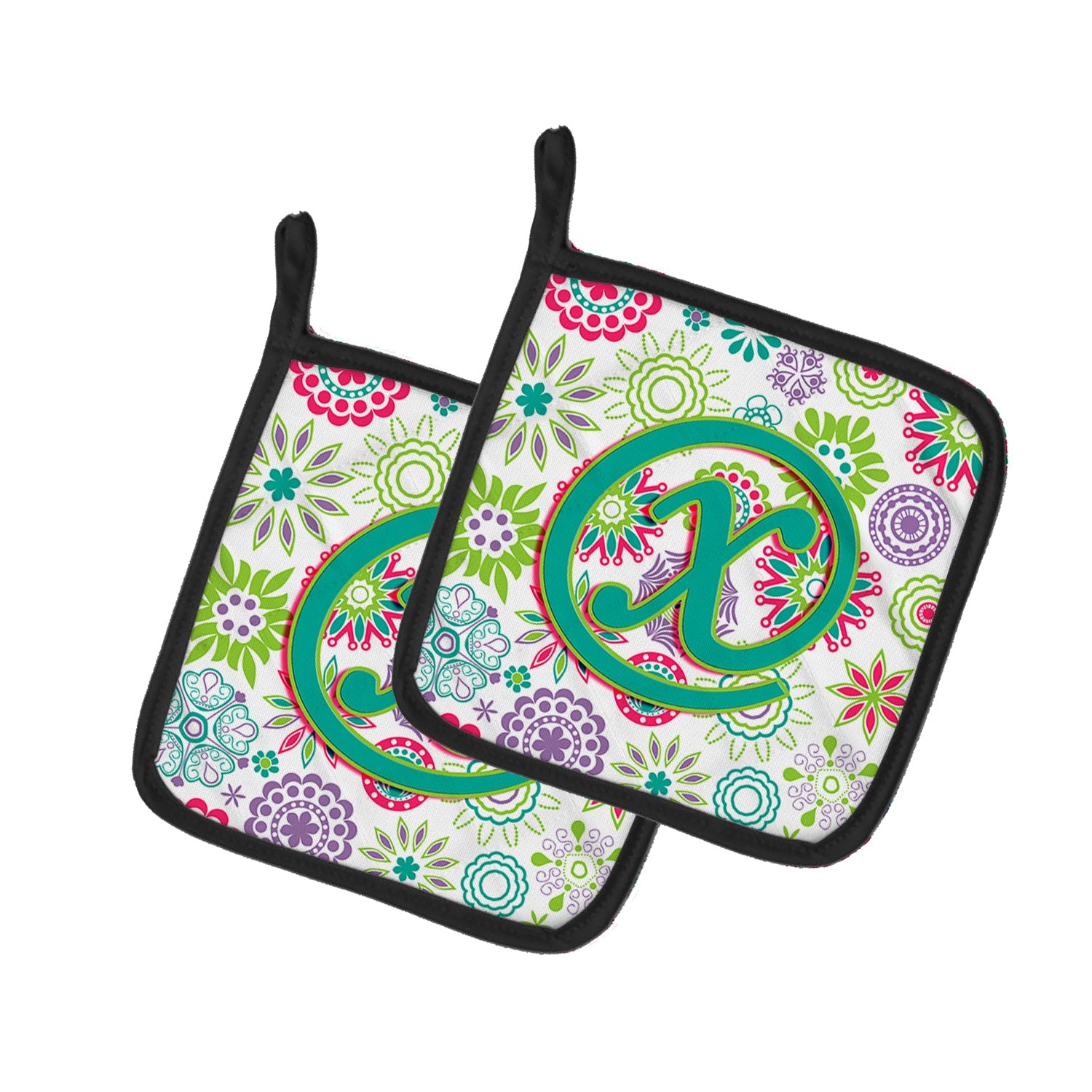 Letter X Flowers Pink Teal Green Initial Pot Holder Set of 2 Heat Resistant Quilted Hot Pads 7.5 x 7.5 Inch, Insulated Kitchen Trivets for Cooking & Baking