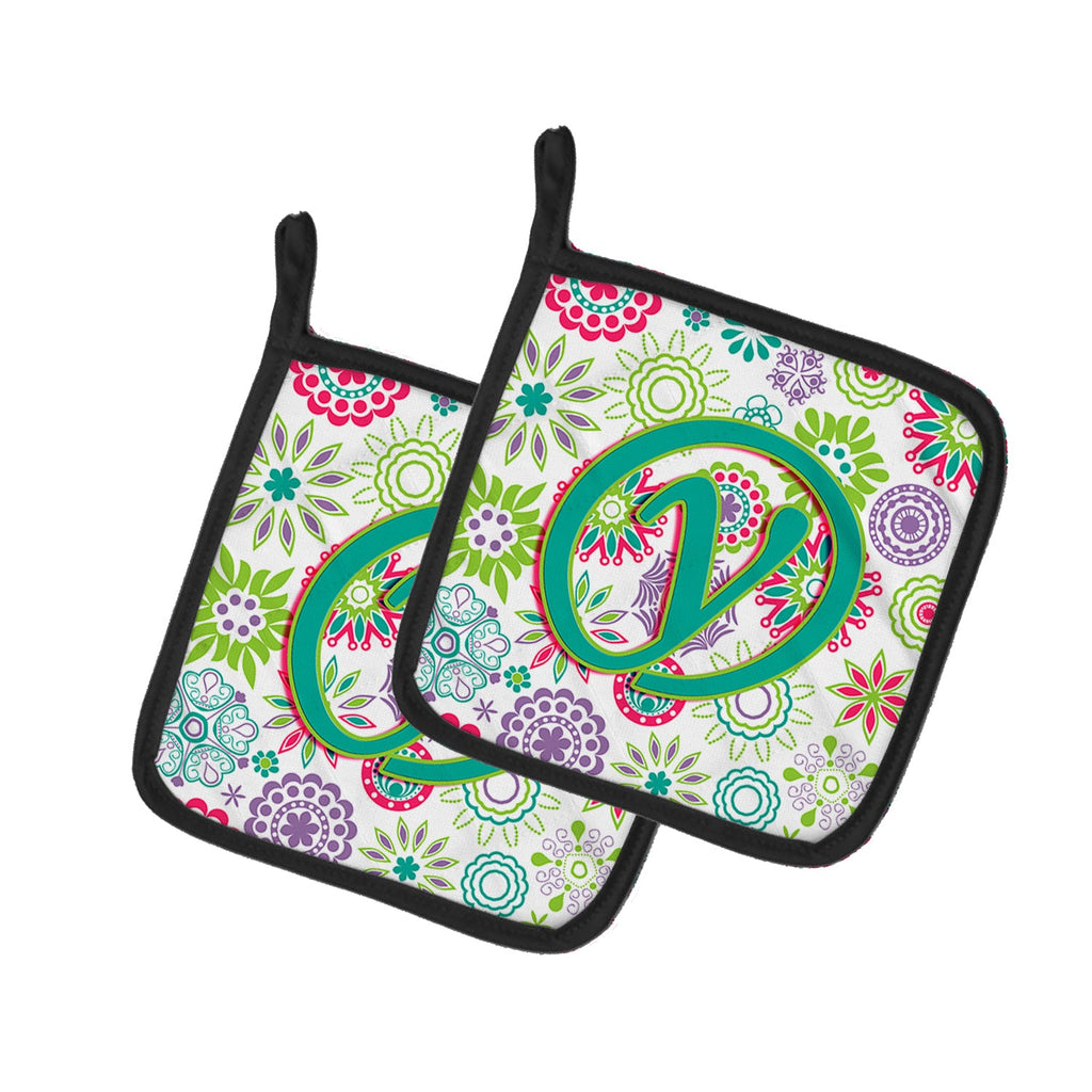 Letter Y Flowers Pink Teal Green Initial Pot Holder Set of 2 Heat Resistant Quilted Hot Pads 7.5 x 7.5 Inch, Insulated Kitchen Trivets for Cooking & Baking