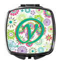 Letter Y Flowers Pink Teal Green Initial Compact Mirror Decorative Travel Makeup Mirror for Women Girls Gifts Pocket Makeup Mirror Folding Handheld