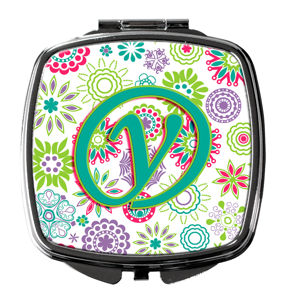 Letter Y Flowers Pink Teal Green Initial Compact Mirror Decorative Travel Makeup Mirror for Women Girls Gifts Pocket Makeup Mirror Folding Handheld