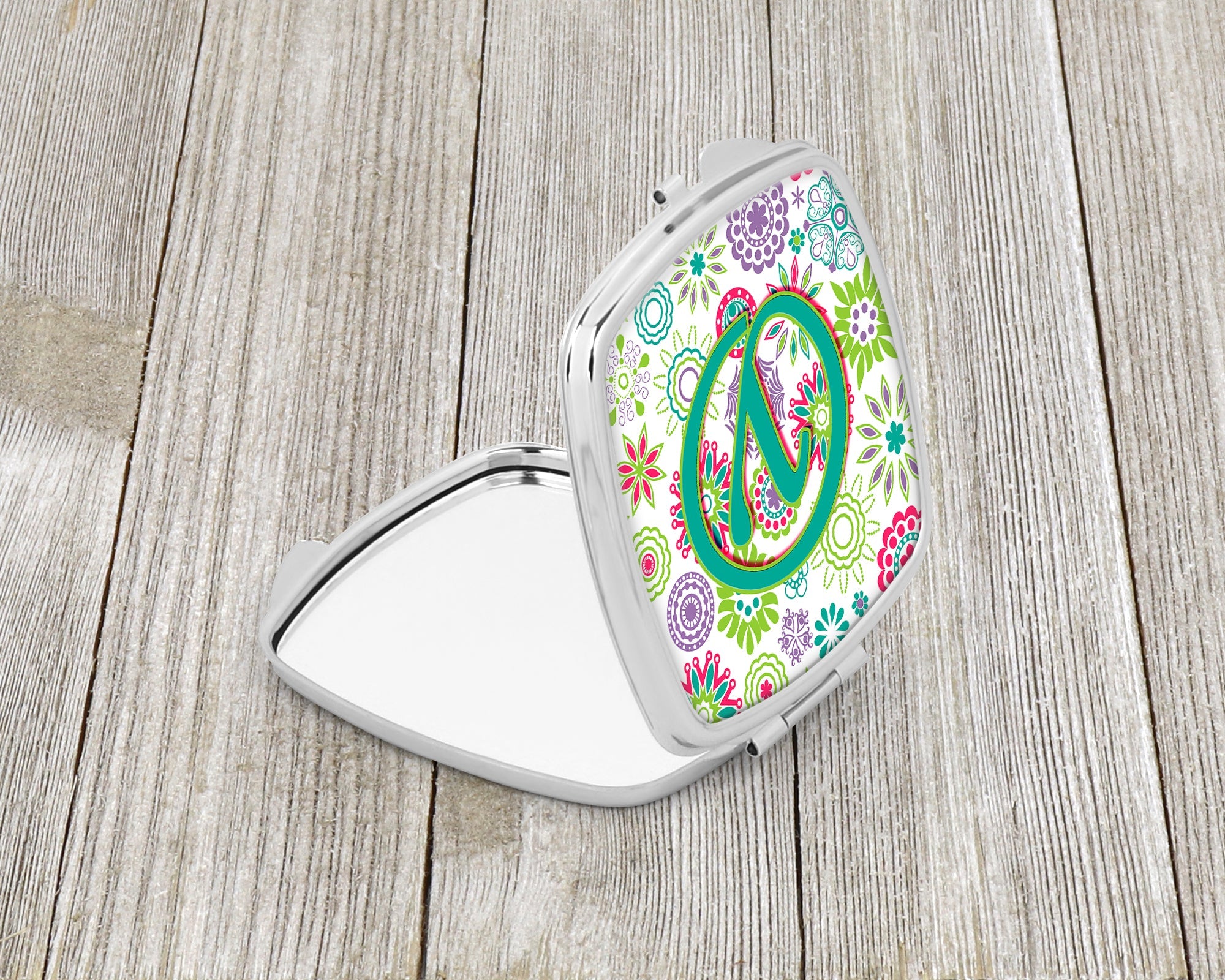 Letter Y Flowers Pink Teal Green Initial Compact Mirror Decorative Travel Makeup Mirror for Women Girls Gifts Pocket Makeup Mirror Folding Handheld
