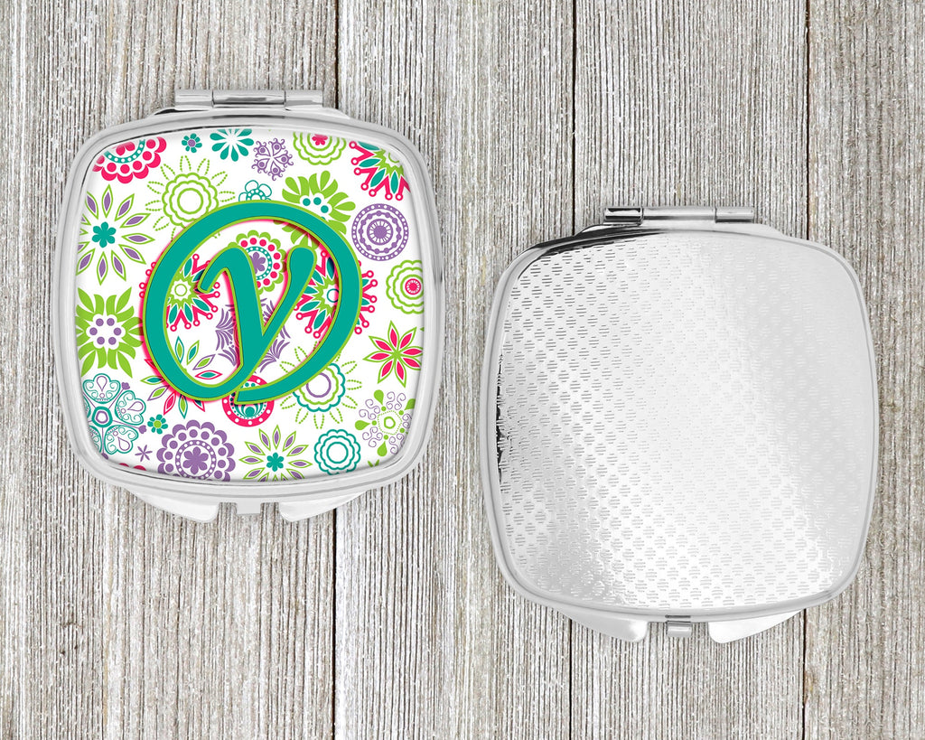 Letter Y Flowers Pink Teal Green Initial Compact Mirror Decorative Travel Makeup Mirror for Women Girls Gifts Pocket Makeup Mirror Folding Handheld