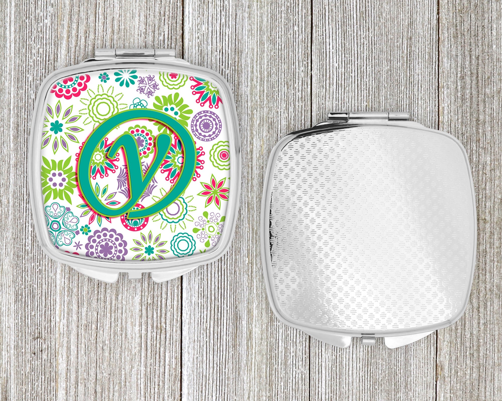 Letter Y Flowers Pink Teal Green Initial Compact Mirror Decorative Travel Makeup Mirror for Women Girls Gifts Pocket Makeup Mirror Folding Handheld