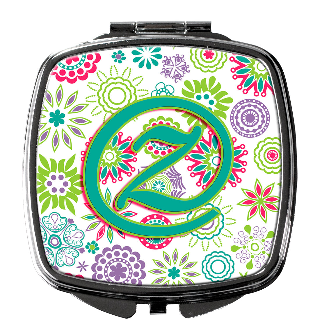 Letter Z Flowers Pink Teal Green Initial Compact Mirror Decorative Travel Makeup Mirror for Women Girls Gifts Pocket Makeup Mirror Folding Handheld