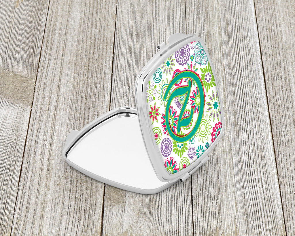 Letter Z Flowers Pink Teal Green Initial Compact Mirror Decorative Travel Makeup Mirror for Women Girls Gifts Pocket Makeup Mirror Folding Handheld
