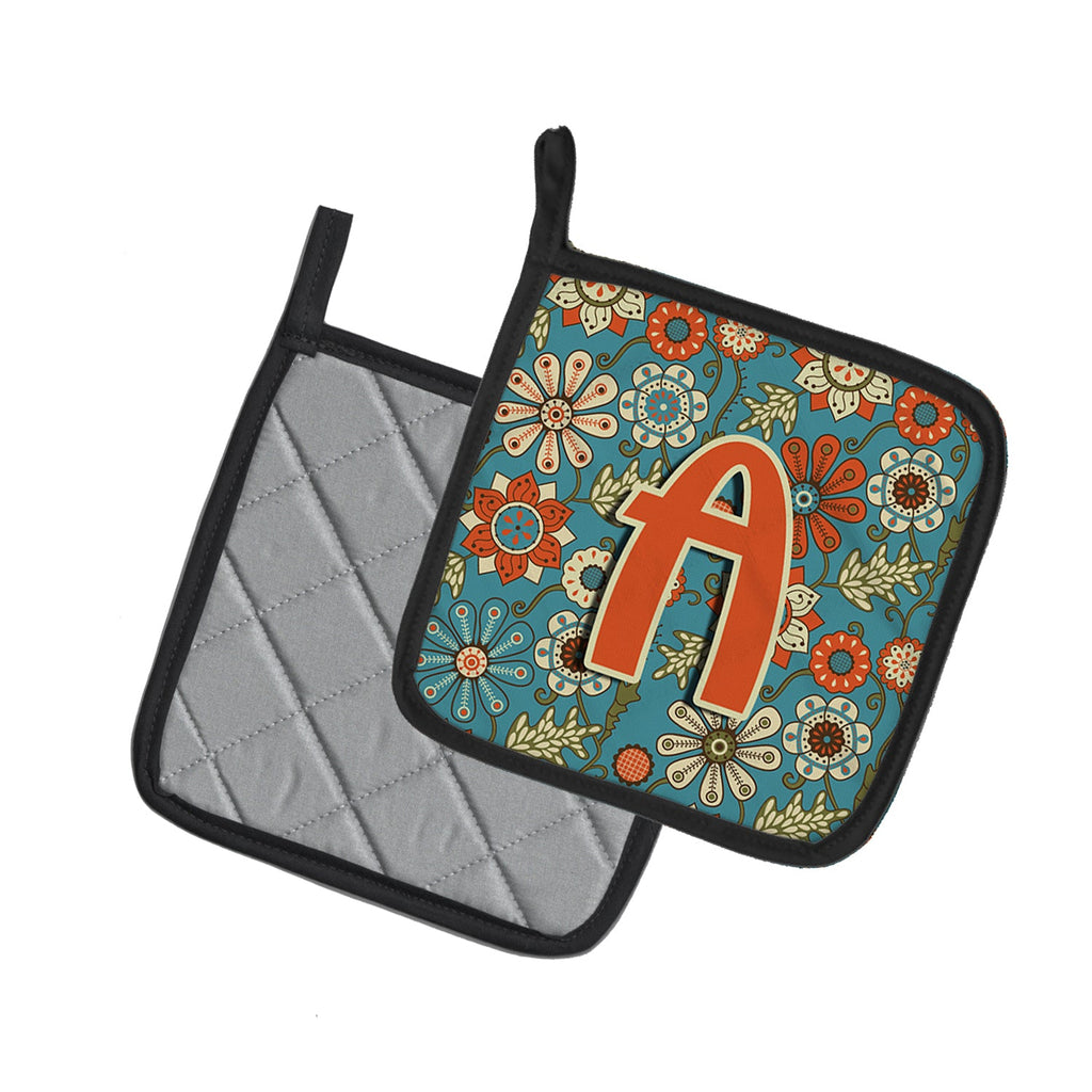 Letter A Flowers Retro Blue Pot Holder Set of 2 Heat Resistant Quilted Hot Pads 7.5 x 7.5 Inch, Insulated Kitchen Trivets for Cooking & Baking