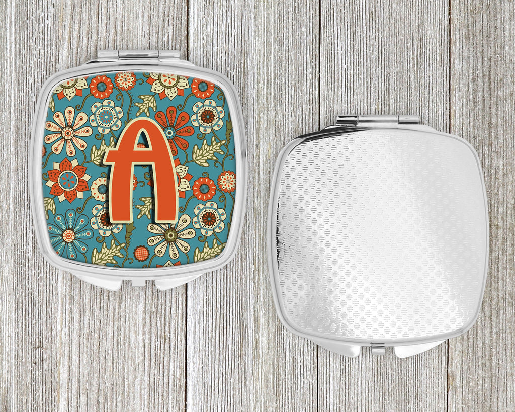 Letter A Flowers Retro Blue Compact Mirror Decorative Travel Makeup Mirror for Women Girls Gifts Pocket Makeup Mirror Folding Handheld
