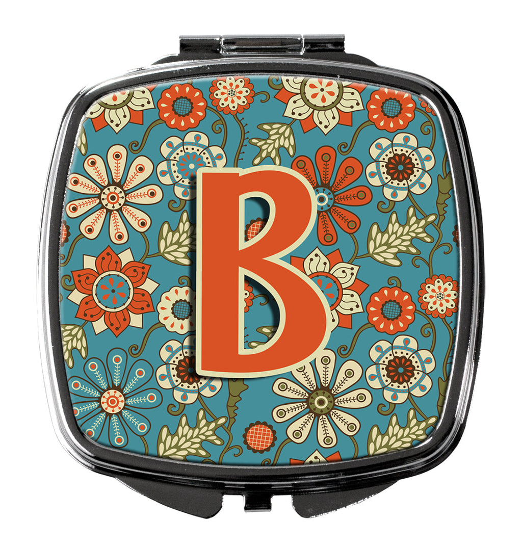 Letter B Flowers Retro Blue Compact Mirror Decorative Travel Makeup Mirror for Women Girls Gifts Pocket Makeup Mirror Folding Handheld