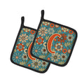 Letter C Flowers Retro Blue Pot Holder Set of 2 Heat Resistant Quilted Hot Pads 7.5 x 7.5 Inch, Insulated Kitchen Trivets for Cooking & Baking