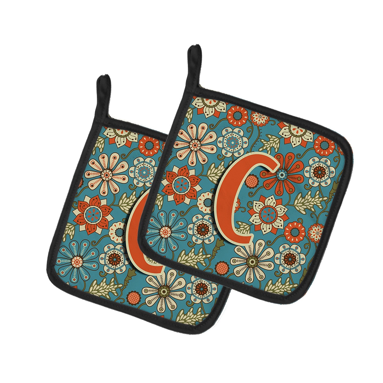 Letter C Flowers Retro Blue Pot Holder Set of 2 Heat Resistant Quilted Hot Pads 7.5 x 7.5 Inch, Insulated Kitchen Trivets for Cooking & Baking