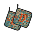 Letter D Flowers Retro Blue Pot Holder Set of 2 Heat Resistant Quilted Hot Pads 7.5 x 7.5 Inch, Insulated Kitchen Trivets for Cooking & Baking