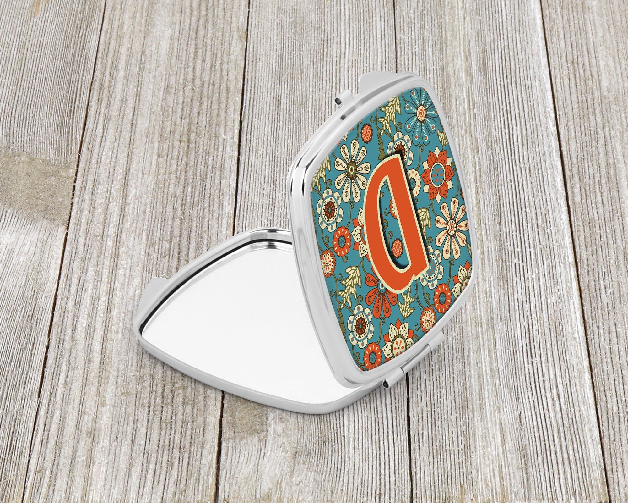 Letter D Flowers Retro Blue Compact Mirror Decorative Travel Makeup Mirror for Women Girls Gifts Pocket Makeup Mirror Folding Handheld