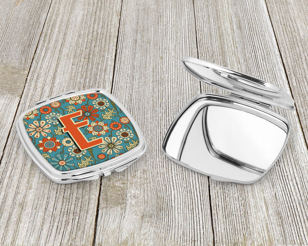 Letter E Flowers Retro Blue Compact Mirror Decorative Travel Makeup Mirror for Women Girls Gifts Pocket Makeup Mirror Folding Handheld