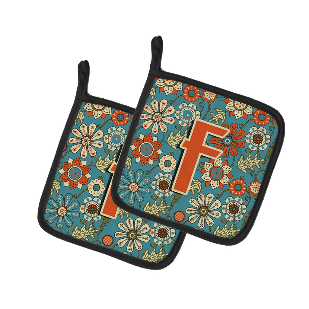 Letter F Flowers Retro Blue Pot Holder Set of 2 Heat Resistant Quilted Hot Pads 7.5 x 7.5 Inch, Insulated Kitchen Trivets for Cooking & Baking