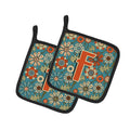 Letter F Flowers Retro Blue Pot Holder Set of 2 Heat Resistant Quilted Hot Pads 7.5 x 7.5 Inch, Insulated Kitchen Trivets for Cooking & Baking